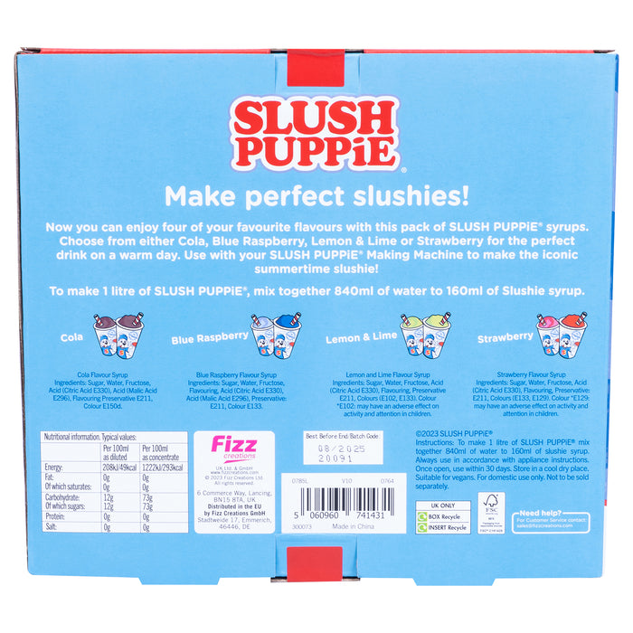 Slush Puppie - 4 Pack Syrups Blue Raspberry, Strawberry, Cola, Lemon/Lime 180ml